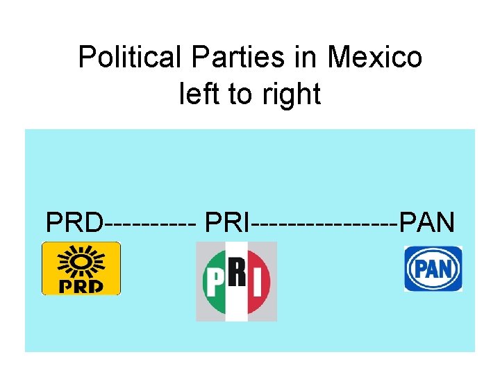 Political Parties in Mexico left to right PRD----- PRI--------PAN 