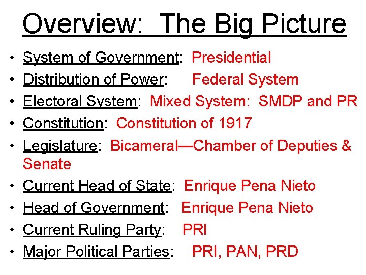 Overview: The Big Picture • • • System of Government: Presidential Distribution of Power: