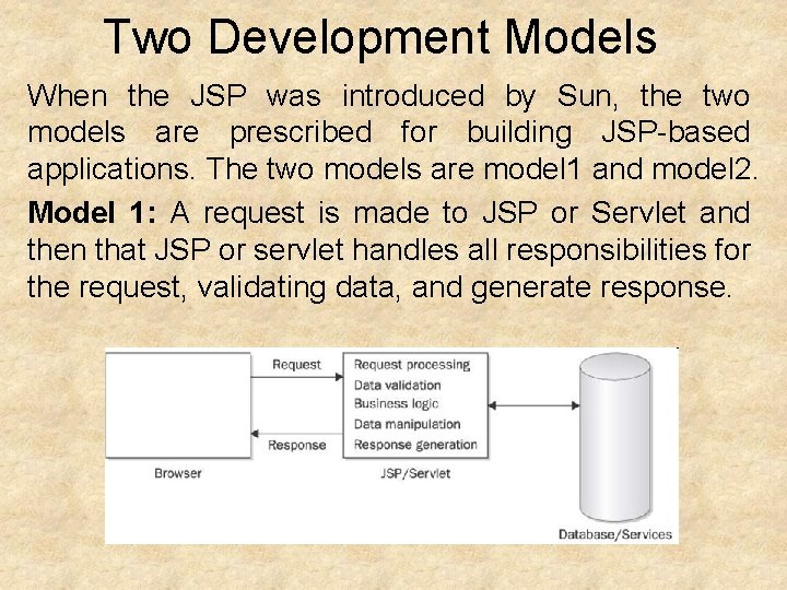 Two Development Models When the JSP was introduced by Sun, the two models are