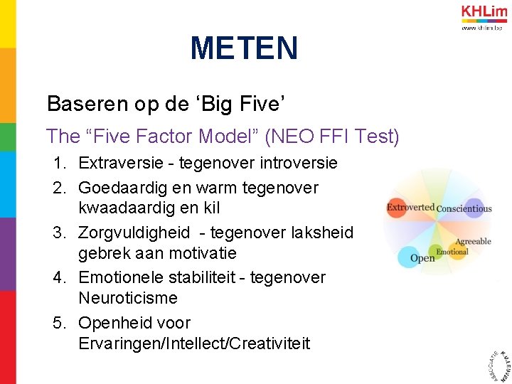METEN Baseren op de ‘Big Five’ The “Five Factor Model” (NEO FFI Test) 1.