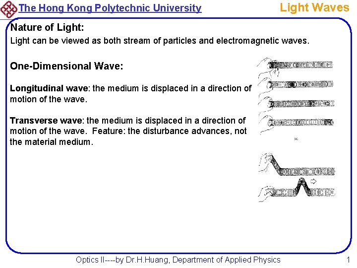 The Hong Kong Polytechnic University Light Waves Nature of Light: Light can be viewed