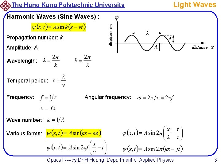 The Hong Kong Polytechnic University Light Waves Harmonic Waves (Sine Waves) : Propagation number: