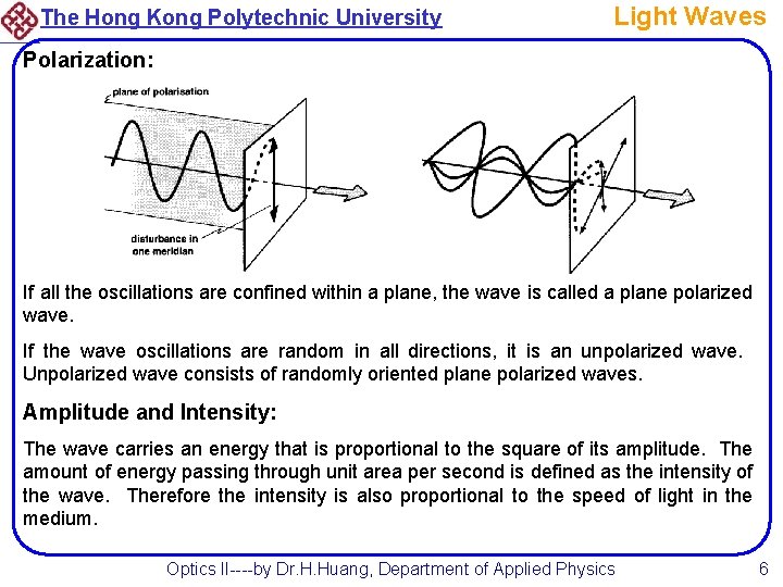 The Hong Kong Polytechnic University Light Waves Polarization: If all the oscillations are confined