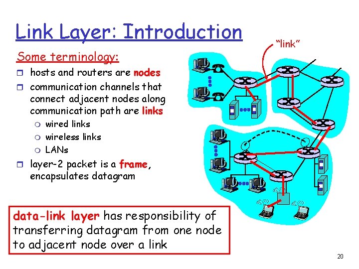 Link Layer: Introduction Some terminology: “link” r hosts and routers are nodes r communication