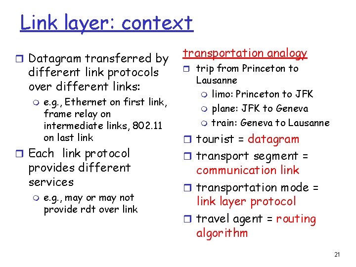 Link layer: context r Datagram transferred by different link protocols over different links: m