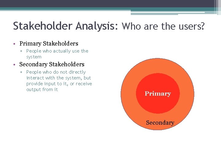 Stakeholder Analysis: Who are the users? • Primary Stakeholders ▫ People who actually use