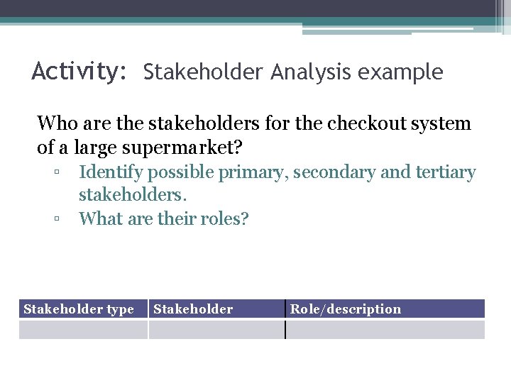 Activity: Stakeholder Analysis example Who are the stakeholders for the checkout system of a