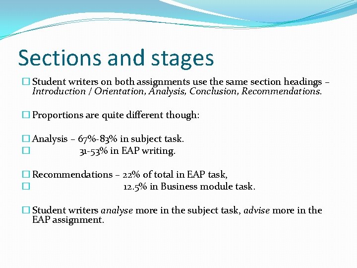 Sections and stages � Student writers on both assignments use the same section headings