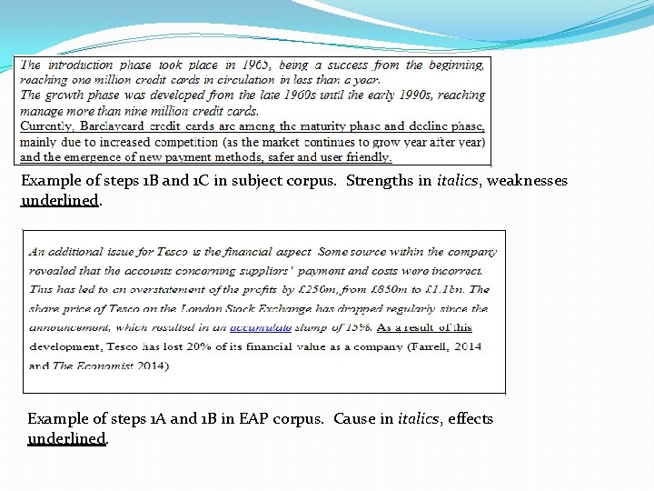 Example of steps 1 B and 1 C in subject corpus. Strengths in italics,