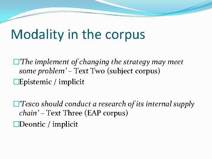 Modality in the corpus �‘The implement of changing the strategy may meet some problem’