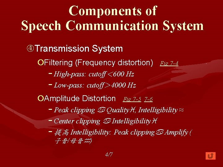 Components of Speech Communication System Transmission System ¡Filtering (Frequency distortion) − High-pass: cutoff＜ 600
