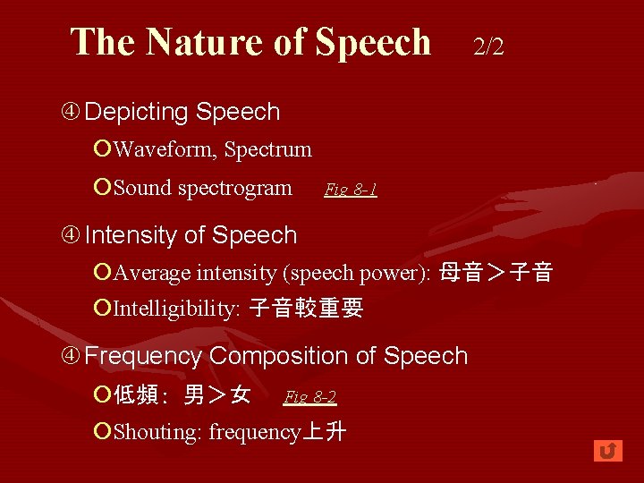 The Nature of Speech 2/2 Depicting Speech ¡Waveform, Spectrum ¡Sound spectrogram Fig 8 -1