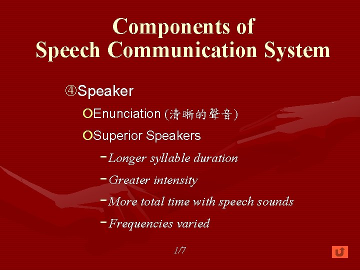 Components of Speech Communication System Speaker ¡Enunciation (清晰的聲音) ¡Superior Speakers − Longer syllable duration