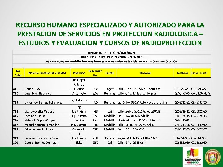 RECURSO HUMANO ESPECIALIZADO Y AUTORIZADO PARA LA PRESTACION DE SERVICIOS EN PROTECCION RADIOLOGICA –