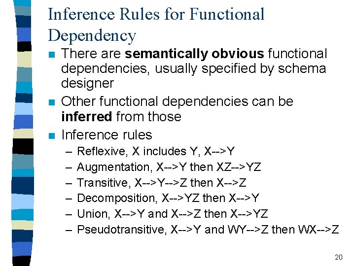 Inference Rules for Functional Dependency n n n There are semantically obvious functional dependencies,