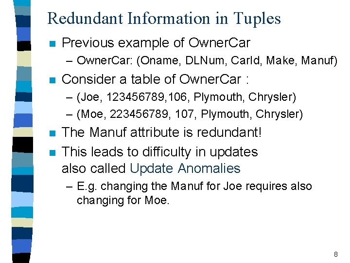 Redundant Information in Tuples n Previous example of Owner. Car – Owner. Car: (Oname,