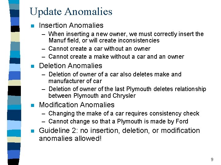 Update Anomalies n Insertion Anomalies – When inserting a new owner, we must correctly