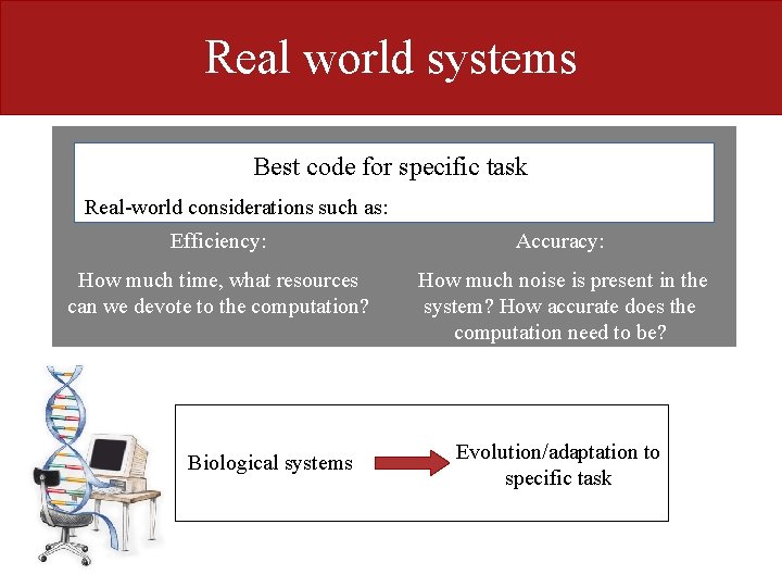 Real world systems Best code for specific task Real-world considerations such as: Efficiency: Accuracy: