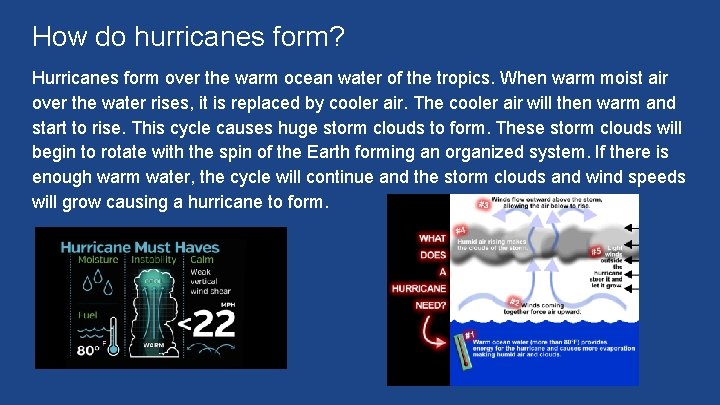 How do hurricanes form? Hurricanes form over the warm ocean water of the tropics.
