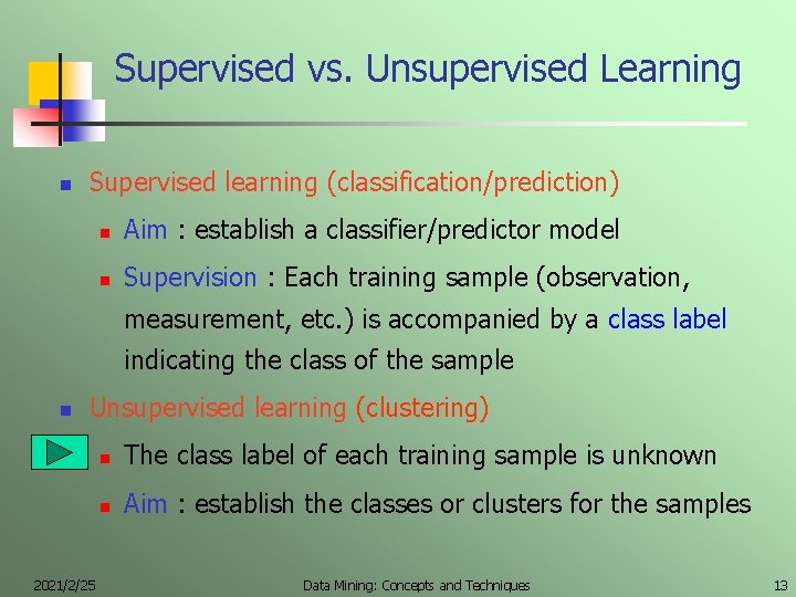 Supervised vs. Unsupervised Learning n Supervised learning (classification/prediction) n Aim : establish a classifier/predictor
