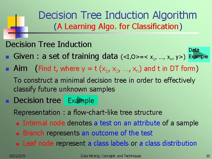 Decision Tree Induction Algorithm (A Learning Algo. for Classification) Decision Tree Induction Data n