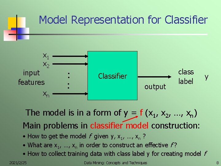 Model Representation for Classifier x 1 x 2 input features xn : : Classifier