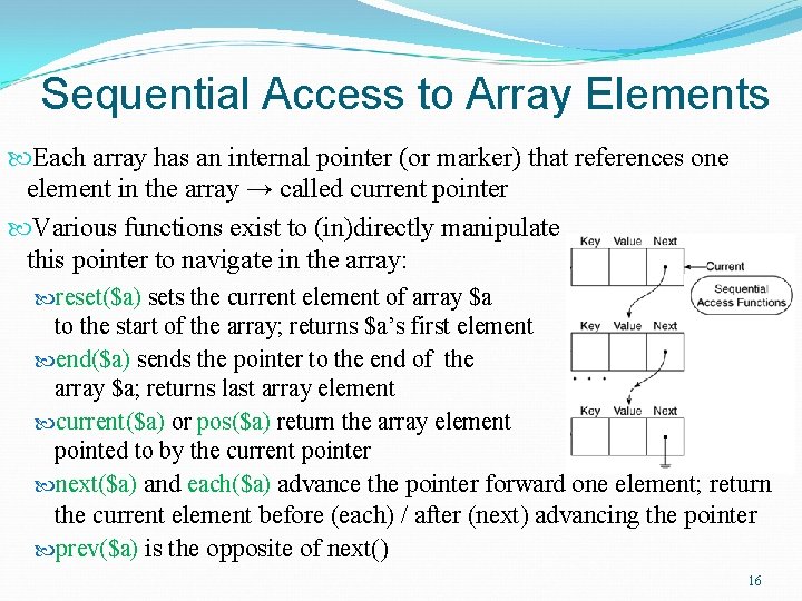 Sequential Access to Array Elements Each array has an internal pointer (or marker) that
