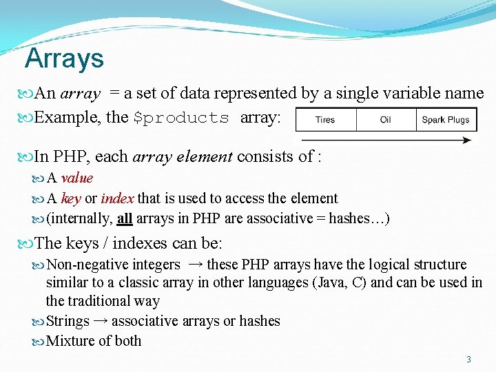 Arrays An array = a set of data represented by a single variable name