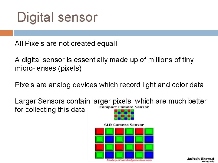 Digital sensor All Pixels are not created equal! A digital sensor is essentially made