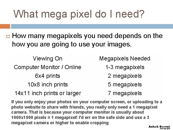 What mega pixel do I need? How many megapixels you need depends on the
