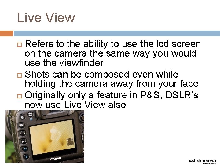 Live View Refers to the ability to use the lcd screen on the camera