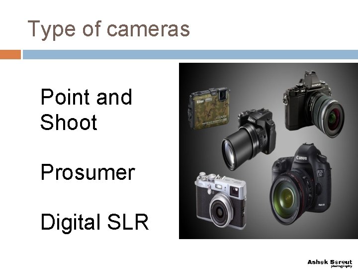 Type of cameras Point and Shoot Prosumer Digital SLR 