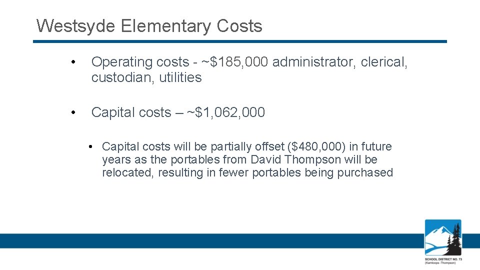 Westsyde Elementary Costs • Operating costs - ~$185, 000 administrator, clerical, custodian, utilities •