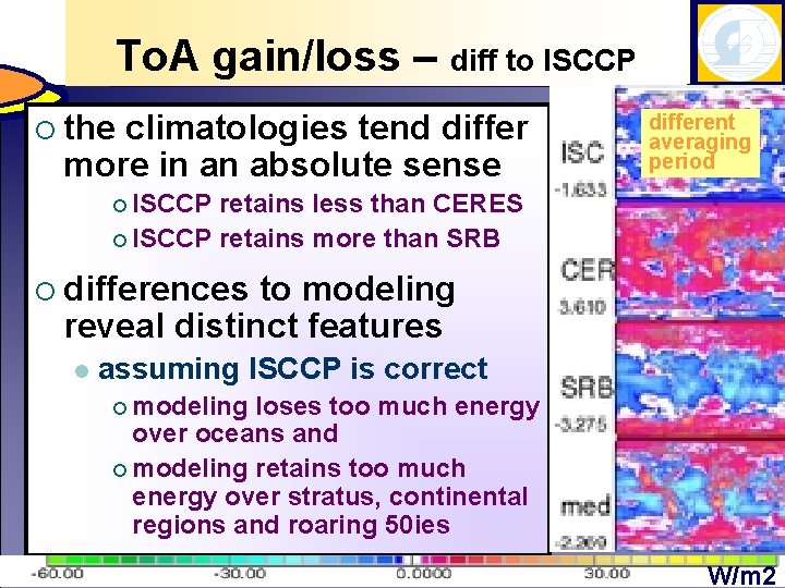 To. A gain/loss – diff to ISCCP ¡ the climatologies tend differ more in