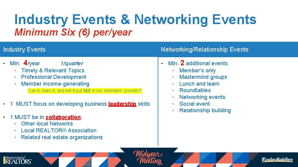 Industry Events & Networking Events Minimum Six (6) per/year Industry Events Networking/Relationship Events • Industry Events & Networking Events Minimum Six (6) per/year Industry Events Networking/Relationship Events •