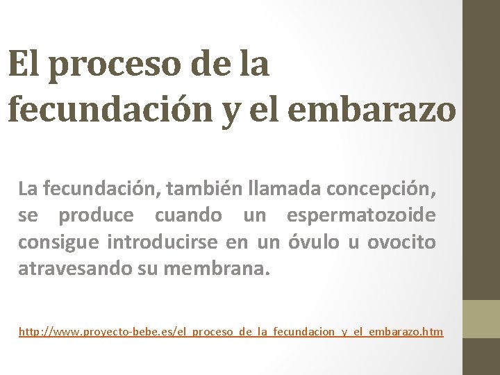 El proceso de la fecundación y el embarazo La fecundación, también llamada concepción, se
