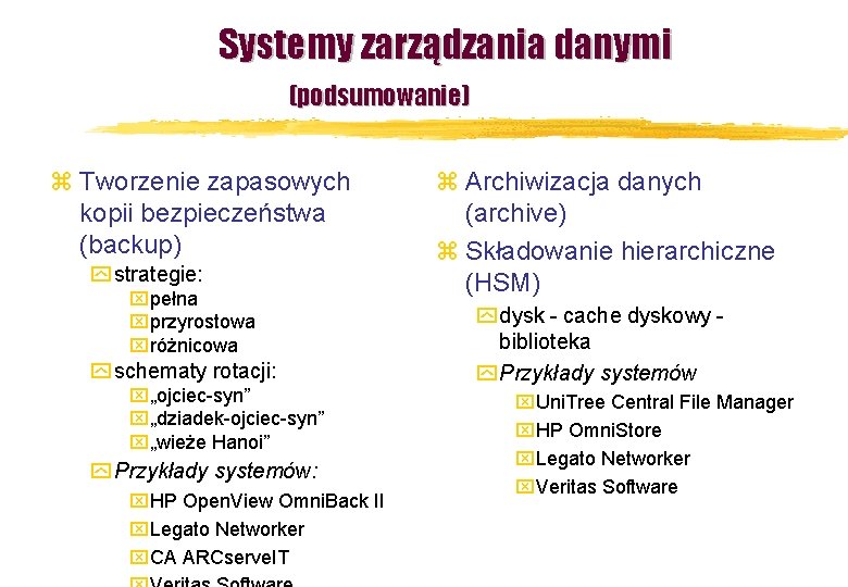 Systemy zarządzania danymi (podsumowanie) z Tworzenie zapasowych kopii bezpieczeństwa (backup) y strategie: xpełna xprzyrostowa