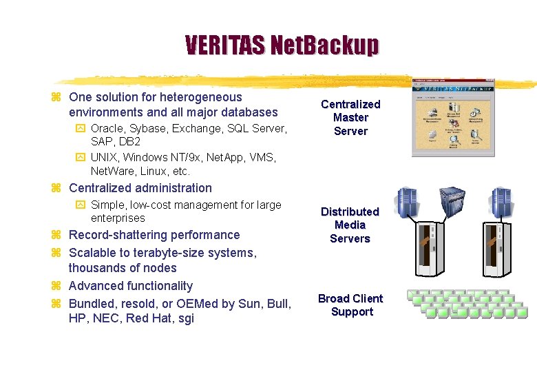 VERITAS Net. Backup z One solution for heterogeneous environments and all major databases y