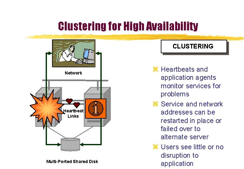 Clustering for High Availability CLUSTERING Network Heartbeat Links Multi-Ported Shared Disk z Heartbeats and