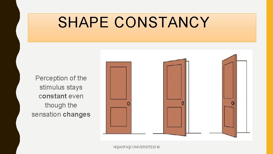 SHAPE CONSTANCY Perception of the stimulus stays constant even though the sensation changes NİŞANTAŞI