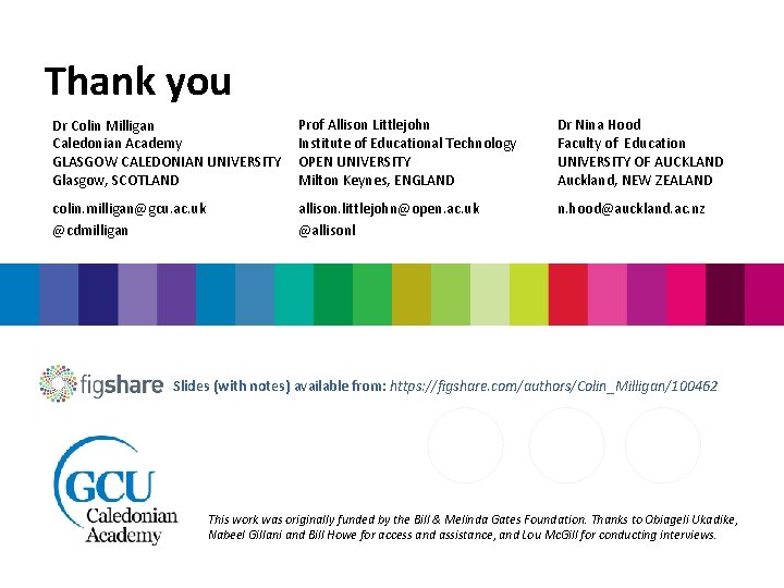 Thank you Dr Colin Milligan Caledonian Academy GLASGOW CALEDONIAN UNIVERSITY Glasgow, SCOTLAND Prof Allison