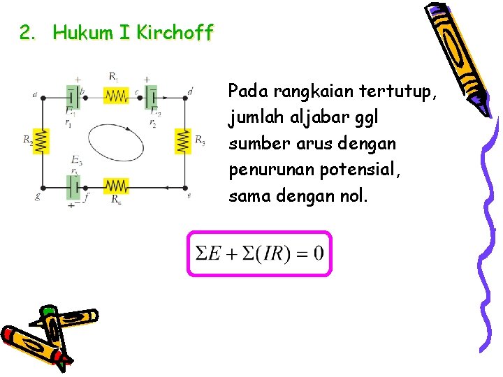 2. Hukum I Kirchoff Pada rangkaian tertutup, jumlah aljabar ggl sumber arus dengan penurunan