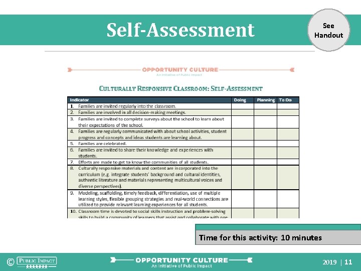 Self-Assessment See Handout Time for this activity: 10 minutes 2019 | 11 Self-Assessment See Handout Time for this activity: 10 minutes 2019 | 11