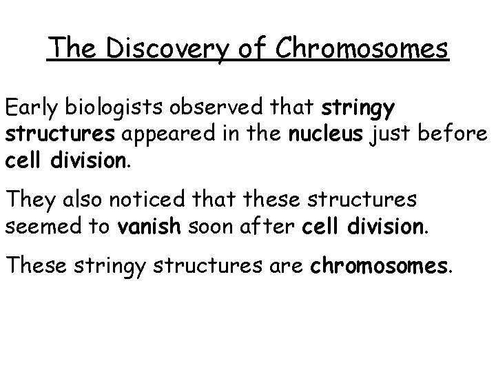 The Discovery of Chromosomes Early biologists observed that stringy structures appeared in the nucleus The Discovery of Chromosomes Early biologists observed that stringy structures appeared in the nucleus
