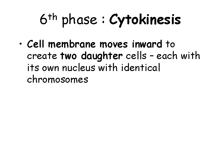 6 th phase : Cytokinesis • Cell membrane moves inward to create two daughter 6 th phase : Cytokinesis • Cell membrane moves inward to create two daughter