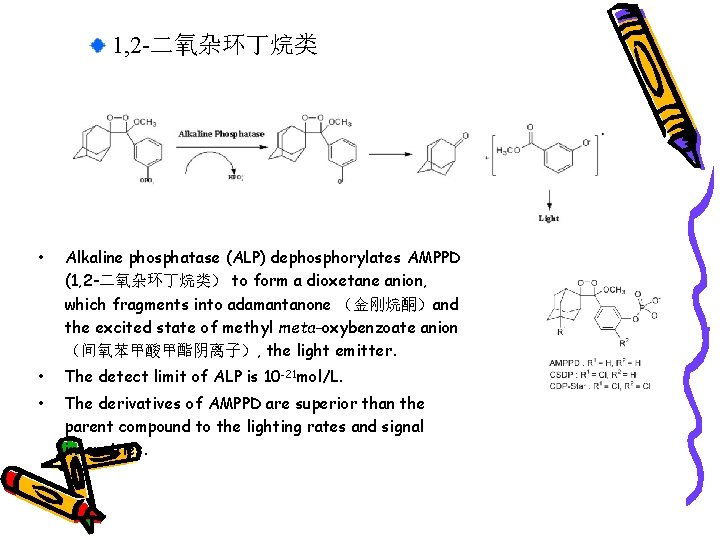  1, 2 -二氧杂环丁烷类 • Alkaline phosphatase (ALP) dephosphorylates AMPPD (1, 2 -二氧杂环丁烷类） to