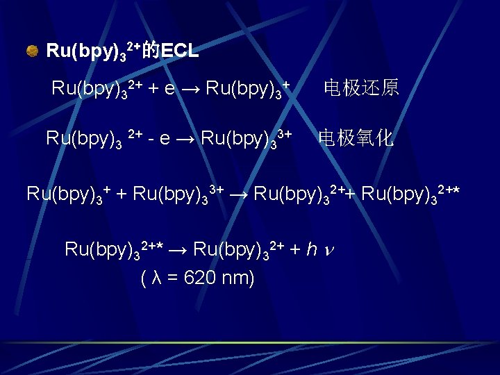  Ru(bpy)32+的ECL Ru(bpy)32+ + e → Ru(bpy)3+ Ru(bpy)3 2+ - e → Ru(bpy)33+ 电极还原