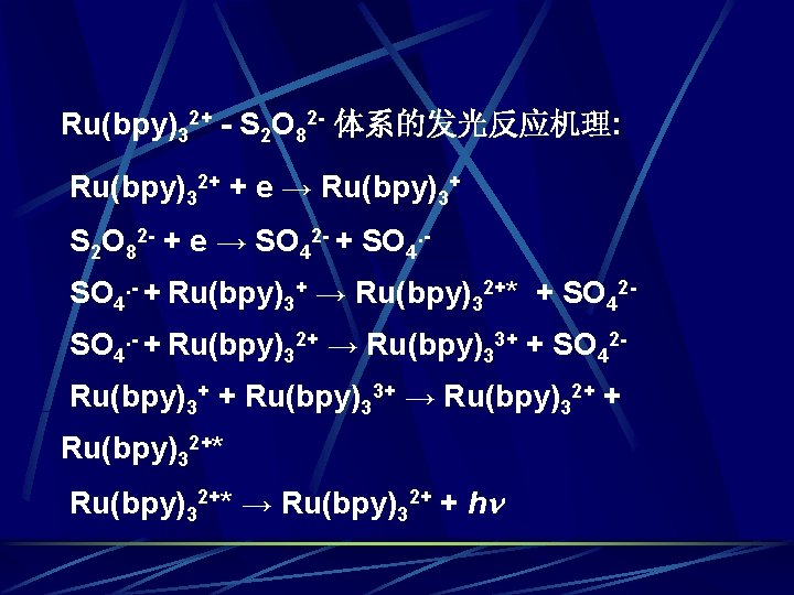 Ru(bpy)32+ - S 2 O 82 - 体系的发光反应机理: Ru(bpy)32+ + e → Ru(bpy)3+ S