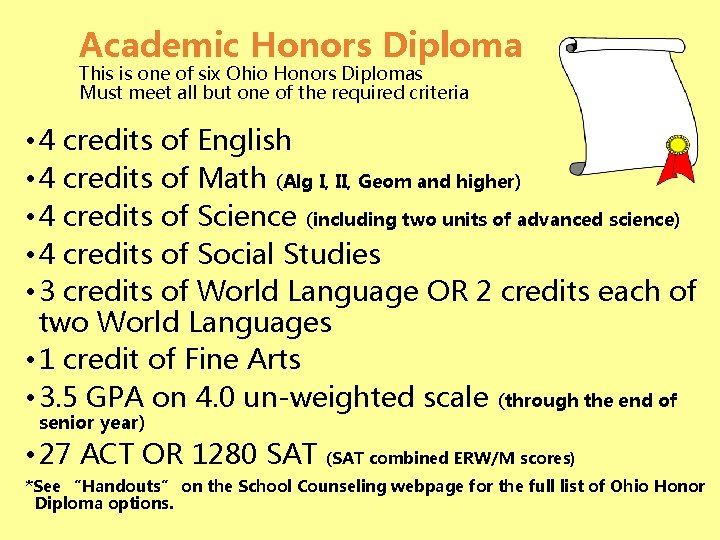 Academic Honors Diploma This is one of six Ohio Honors Diplomas Must meet all