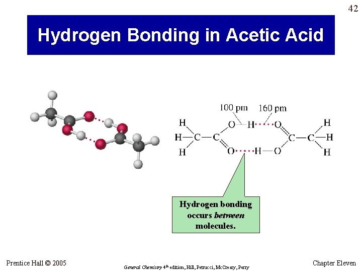 42 Hydrogen Bonding in Acetic Acid Hydrogen bonding occurs between molecules. Prentice Hall © 42 Hydrogen Bonding in Acetic Acid Hydrogen bonding occurs between molecules. Prentice Hall ©